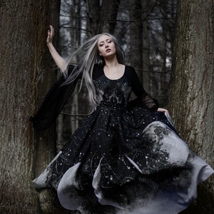 Celestial Moon Phase Wedding Dress – Elopement Witch Gown with Printed Universe, Guipure Lace & Beaded Tulle Sleeves