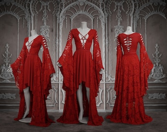 devil dress red wedding baroque gothic elven long train sleeves bells pentagram asymmetric