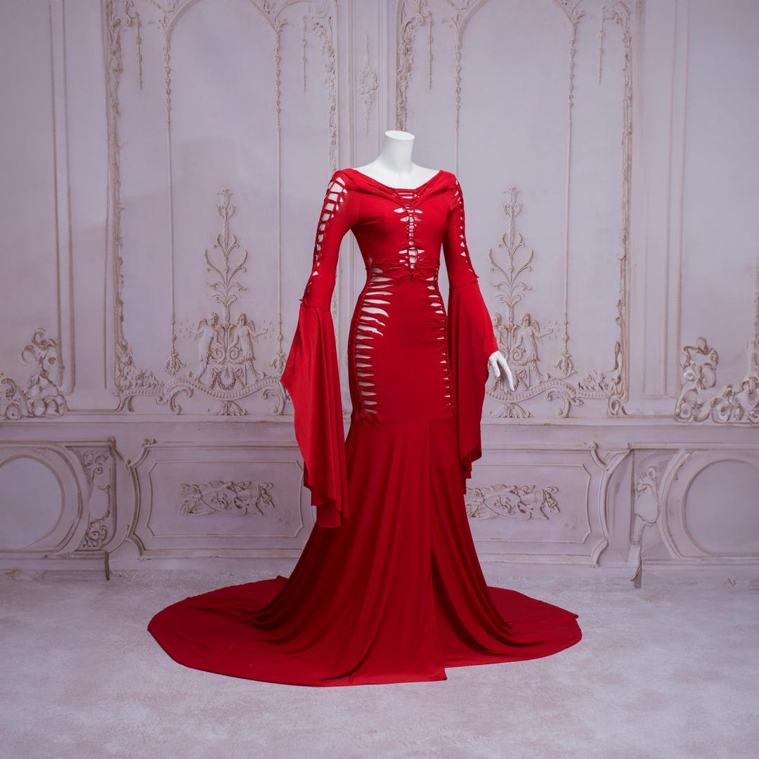 Slashed jurk Elvira zwart gothic latex wetlook halloween bruiloft open been  lange mouwen rood Nederland