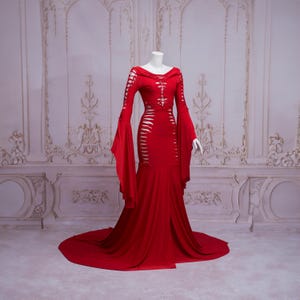 Slashed dress Elvira black gothic latex wet look halloween wedding open leg long sleeves red