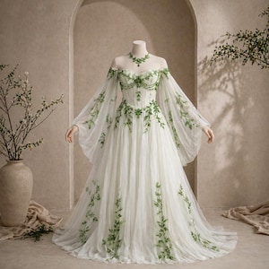 white dress green leaves WEDTREND Women White Green Leaf Bridesmaid Dress with Ruffles A-Line Off The Shoulder Print Wedding Guest Dress, Green Flower / US16W