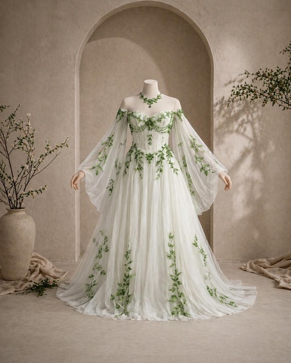 Galadha Calena Forest Wedding Dress Green Leaf Gown Corset Bridal Fairy Elopement Nature Ceremony Dress