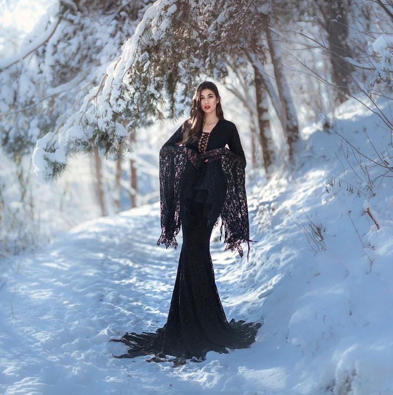 winter wedding black dress Gothic Black Wedding Dress With Dramatic Lace Train and Flared Sleeves  Witchy Elopement Gown Stretch Lace Ritual Dress