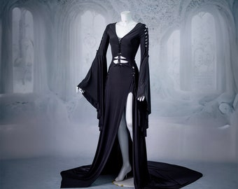 slashed dress elven gothic wedding dress sexi maxi bell sleeves long train Celtic pagan 2