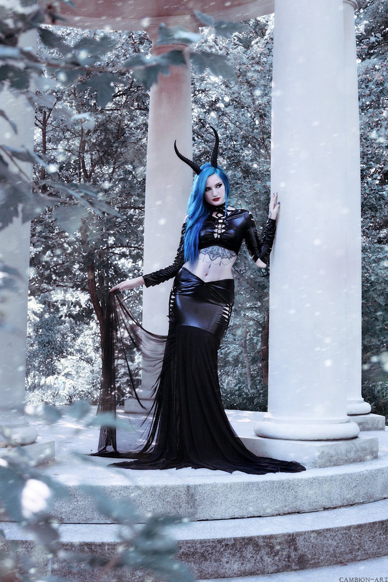 slashed dress Morticia Addams black gothic latex wet look
