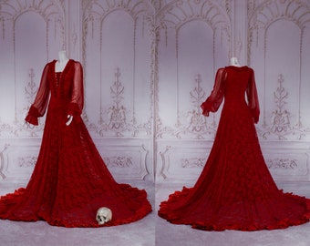 Red Black romantic wedding gown long train puffed sleeves lace victorian gothic dress ruffles elven fantasy vampire halloween