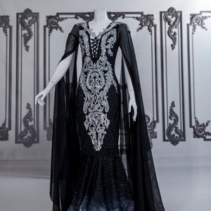 Black Lace foggy ombre silver gown gothic wedding fairy fancy mediaval fantasy morticia black witchy prom pagan viking alternative maxi