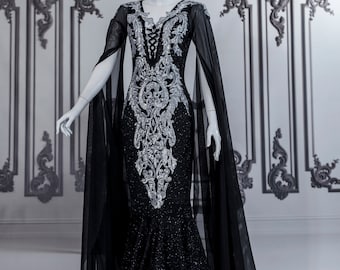 Black Lace foggy ombre silver gown gothic wedding fairy fancy mediaval fantasy morticia black witchy prom pagan viking alternative maxi