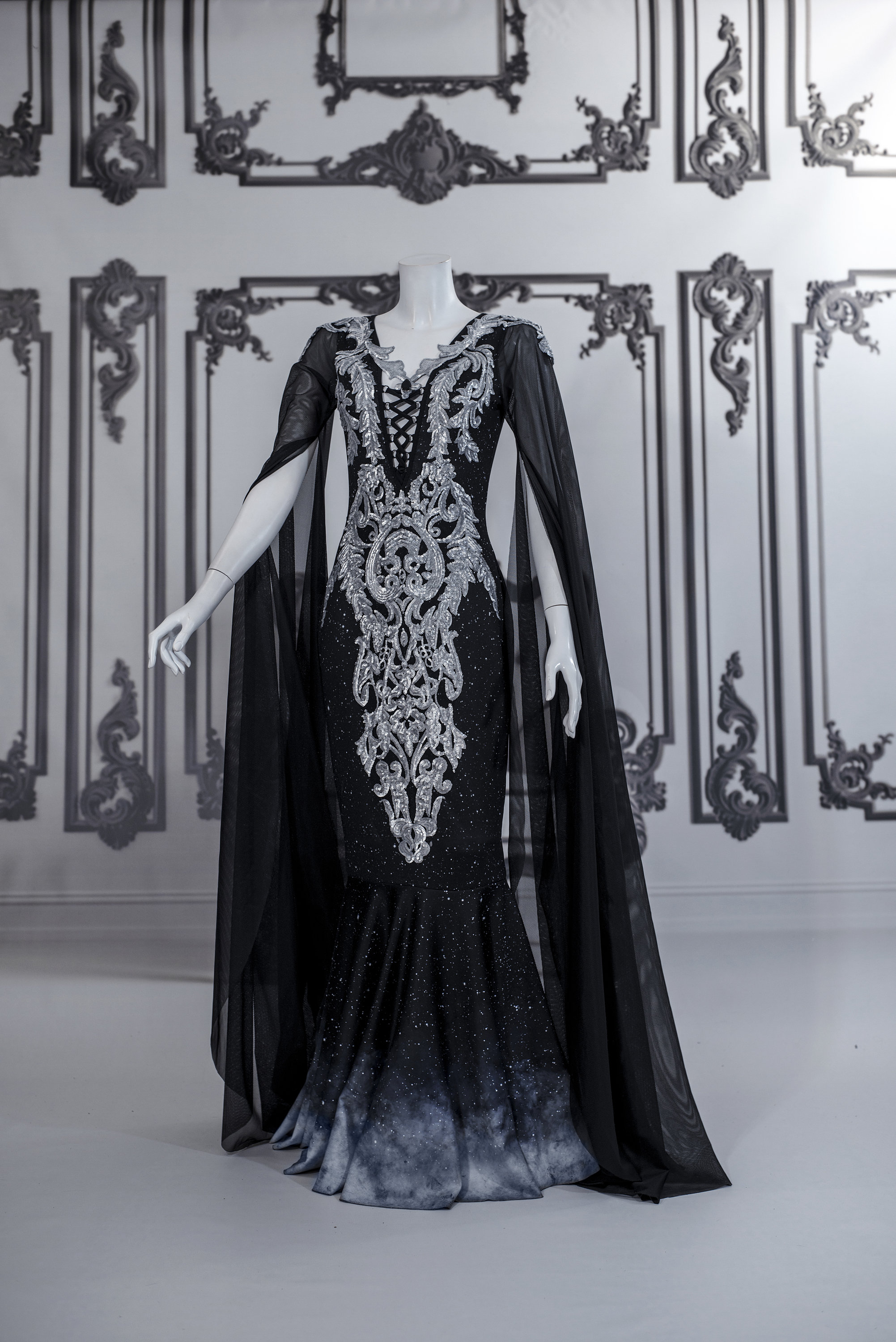 Black Lace Foggy Ombre Silver Gown Gothic Wedding Fairy Fancy