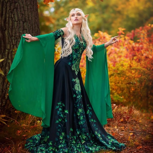 green dress fantasy Final Fantasy XIV FF14 Nophica Cosplay Costume N09233, Women / XS main image 0