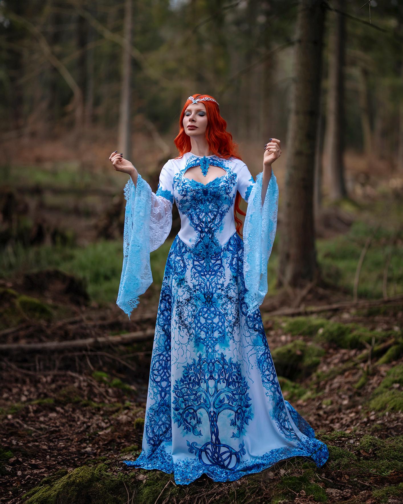 blue celtic wedding dress Vintage Celtic Wedding Dresses White And Pale Blue Colorful Medieval Bridal  Gowns Scoop Neckline Corset Long Bell Sleeves Appliques Flowers From  Weddingpalace, $94.28