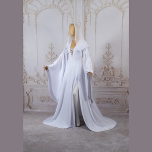Elven wedding dress gown fantasy white baroque medieval fairy prom pagan viking witchy white black red ecru long sleevs hood