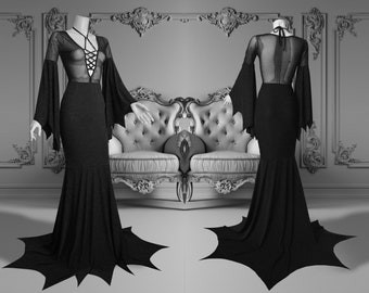 Gothic Mermaid Wedding Dress • Witchy Black Gown with Bat Hem • Dark Fairy Alternative Bridal Dress • Custom Color Available