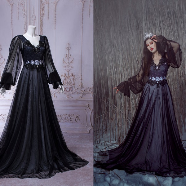 Noir lune argent robe robe de mariée phases gothique cloche manches maxi long train elfique fantaisie celtique