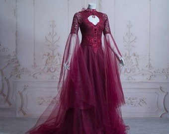 elven wedding dress fantasy medieval baroque beads stones gothic sleeves bells long train tulle sweetheart burgundy