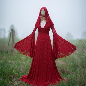 Red lace wedding dress with hood and flared sleeves, witchy gothic gown, alternative handfasting dress, ritual fantasy maxi