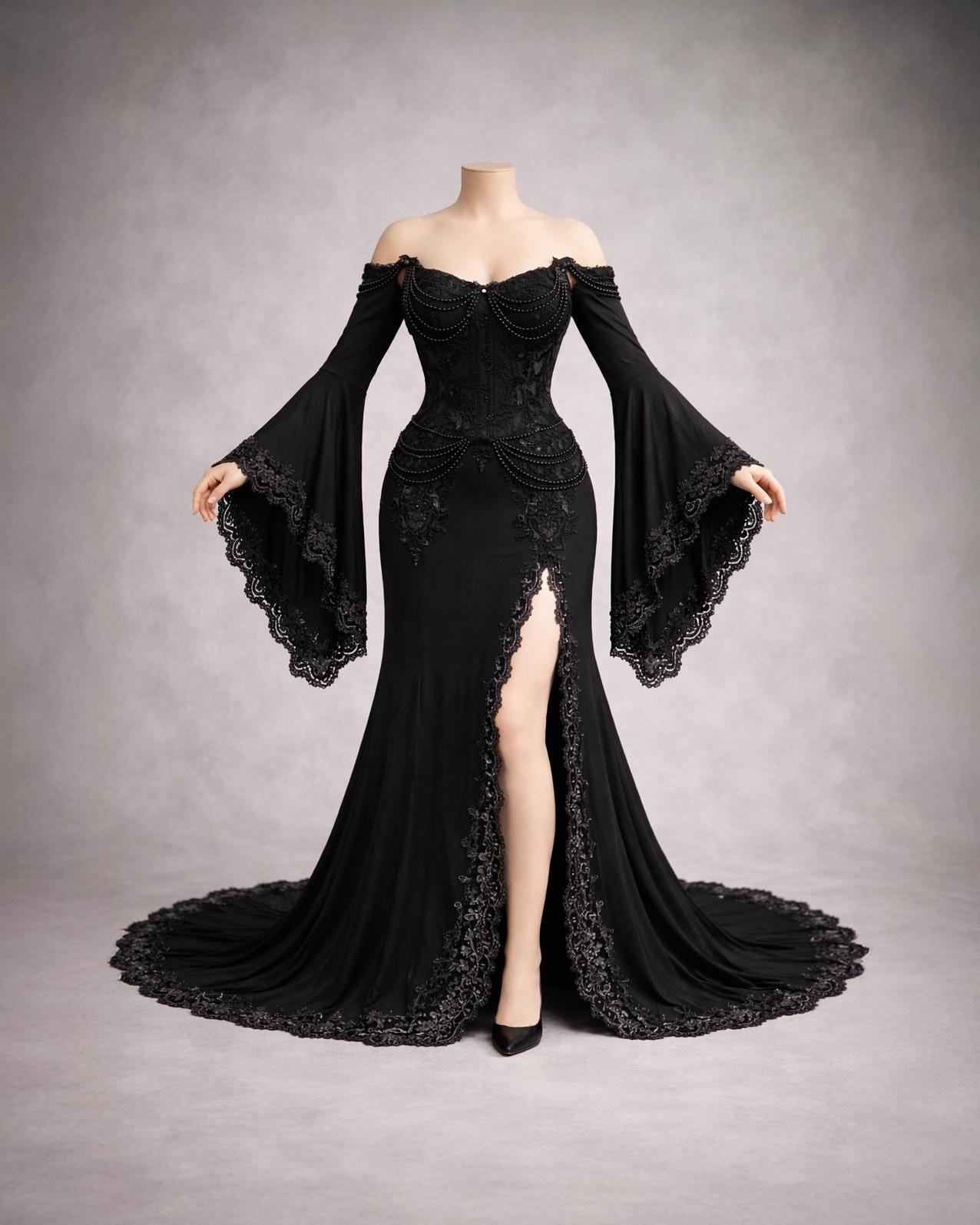 Nyx Kallistē Echo – Gothic Black Wedding Gown With Corset, Long Bell Sleeves, Ritual Elopement Bridal Dress Preorder