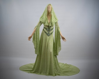 green elven lace dress hood wedding elven dress gown maxi long train bell sleeves fantasy vampire medieval