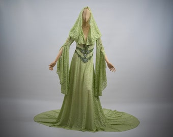 Abito da sposa verde elfico con applicazioni in pizzo con perline, abito fantasy tinto a mano con velo, abito da sposa da favola in pizzo elasticizzato
