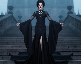 Domina Noctis – Vestido negro gótico de catedral • Vestido artesanal de neopreno y encaje • Vestido oscuro ritual de novia o de noche