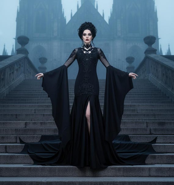 Domina Noctis - Gothic Cathedral Black Gown * Handcrafted Neoprene & Lace Dress * Dark Ritual Bridal or Evening Gown