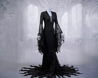 Black lace morticia Wednesday halloween wedding dress gown long gothic