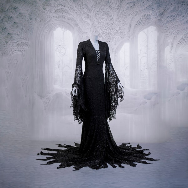 Black lace morticia Wednesday halloween wedding dress gown long gothic
