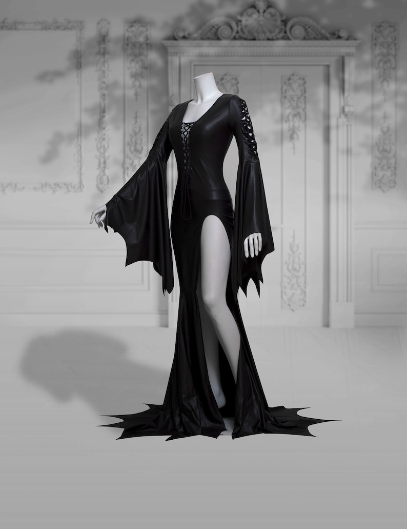 Slashed dress Addams Elvira black gothic latex wet look halloween wedding open leg long sleeves image 3