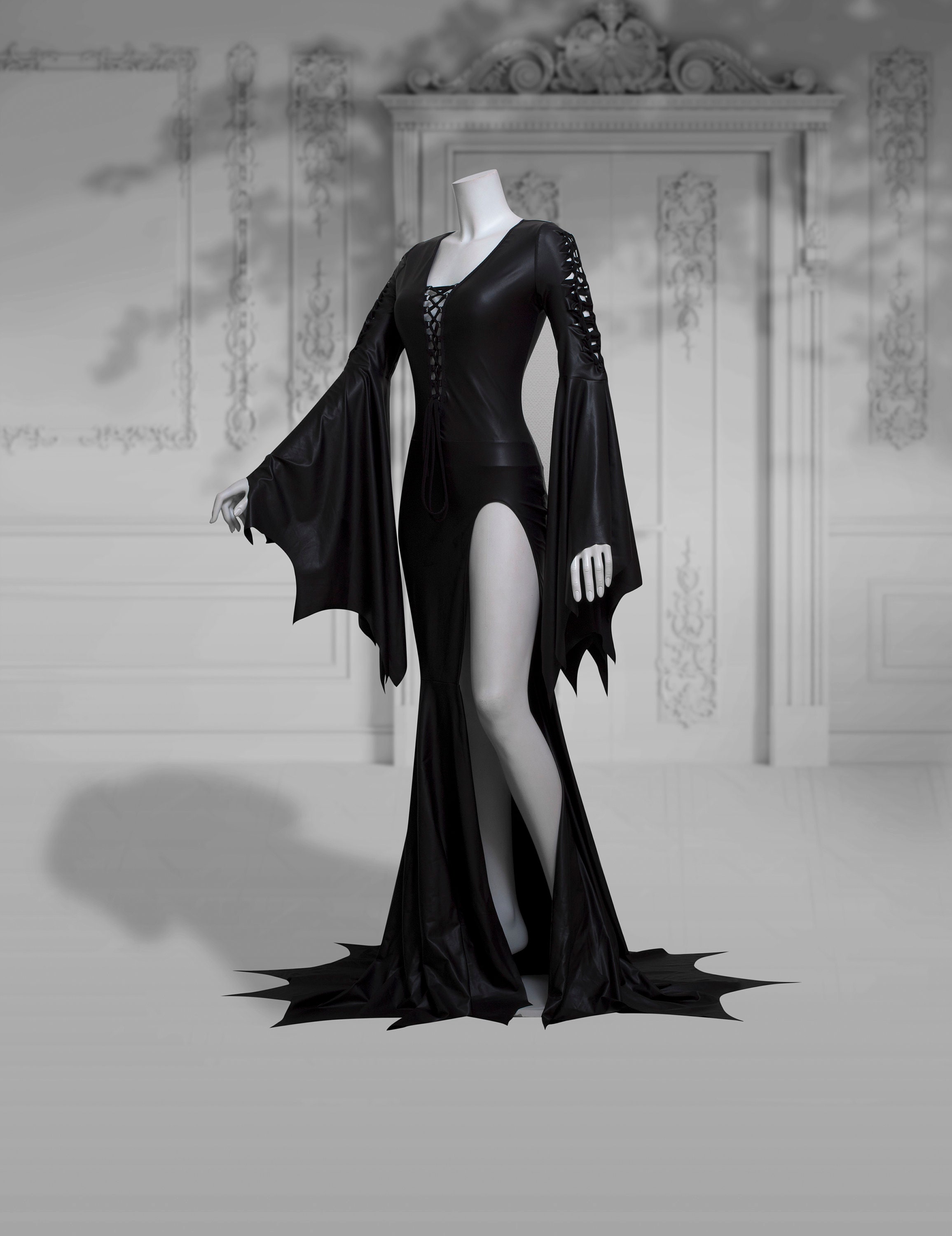 Slashed Dress Addams Elvira Black Gothic Latex Wet Look Halloween Wedding  Open Leg Long Sleeves -  Canada