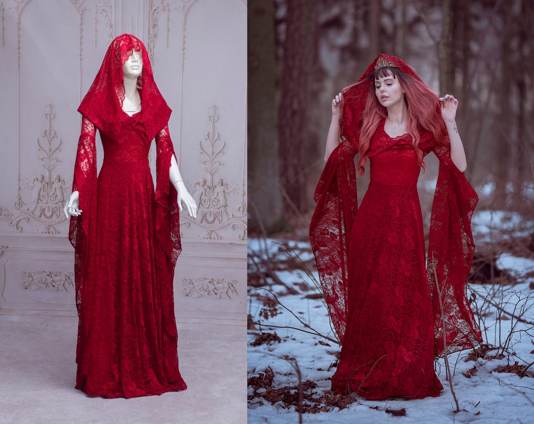 Red Gothic Lace Dress Hood Wedding Elven Dress Gown Maxi Long Train Bell  Sleeves Fantasy Vampire Medieval -  Canada