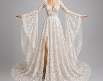 Abito da sposa etereo Aetheria Famalia, vestito da sposa in pizzo francese bianco, abito da sposa boho da fata con corsetto sul retro, abito per fuga romantica