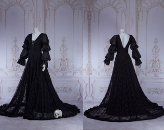 Black romantic wedding gown long train puffed sleeves lace victorian gothic dress ruffles elven fantasy vampire halloween