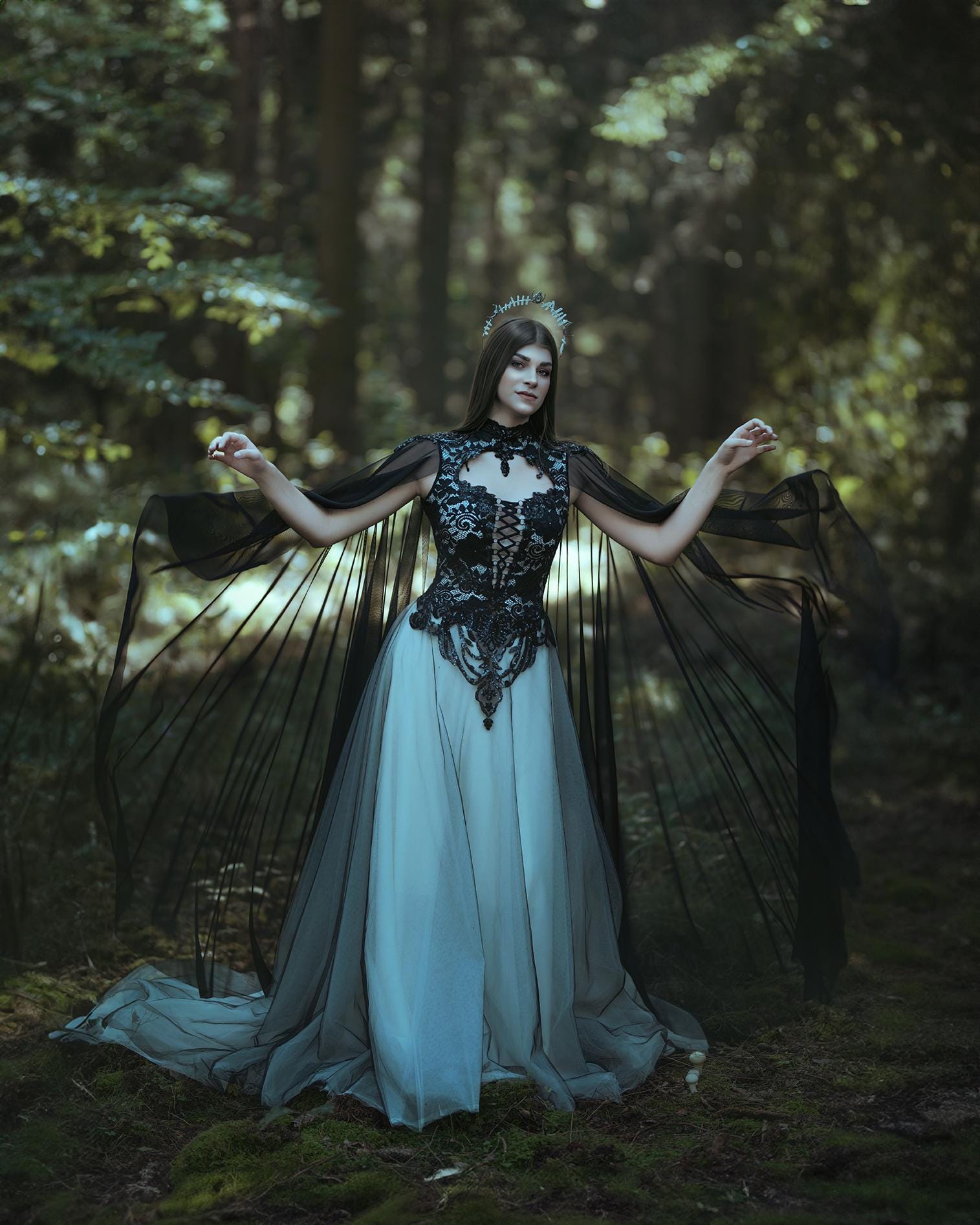 Noctis Arcanum - Gothic Elven Wedding Dress, Celestial Handfasting Gown in Black Lace & Silver Mist, Fantasy Bridal Magic