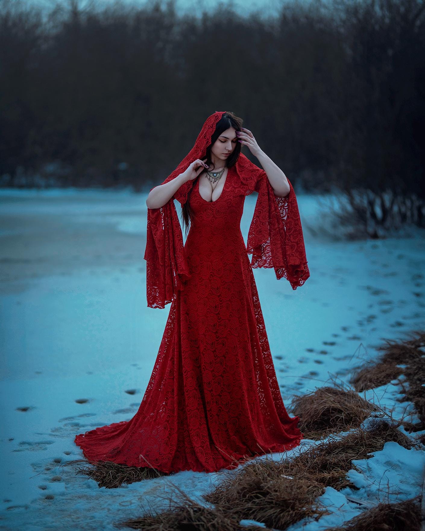 Red lace wedding dress with hood and flared sleeves, witchy gothic gown, alternative handfasting dress, ritual fantasy maxi