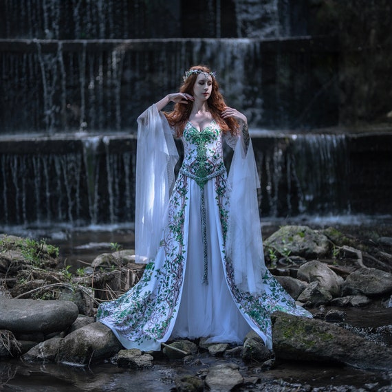 Elven White wedding dress with draped sleeves, botanical fairy gown, handfasting pagan dress, romantic nature bridal Elven White wedding dress with draped sleeves, botanical fairy gown, handfasting pagan dress, romantic nature bridal