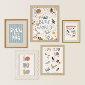 May include: A set of framed art prints with bug-themed illustrations. The prints display the phrases "Snug as a Bug" and "Bug's World". The artwork features colorful insects, rainbows, and a sun, suitable for a child's bedroom or nursery.