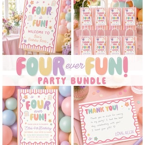 Pode incluir: Um conjunto de festa com placa de boas-vindas, sacos de presente com etiquetas de agradecimento, convite e cartão de agradecimento. Todos os itens apresentam uma borda listrada rosa, cores pastel e o texto Four is Fun e Four ever Fun.