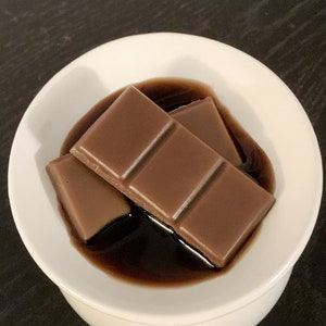 May include: Two chocolate squares in a white bowl with melted chocolate sauce.