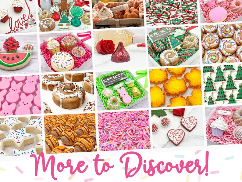 May include: A collage of images showcasing various decorated cookies and treats, including watermelon, bunny, cinnamon roll, cupcake, and Christmas tree designs. The text "More to Discover!" is displayed at the bottom of the image.