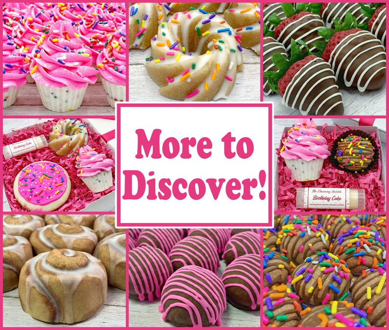 May include: A collage of images showcasing various bath and body products, including cupcakes, donuts, cinnamon rolls, and chocolate truffles. The products are decorated with colorful sprinkles and frosting. The text "More to Discover!" is displayed in the center of the collage.