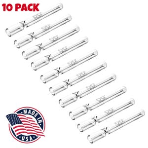 May include: Ten clear glass tubes with the text "OG" printed on each. The tubes are arranged diagonally against a white background. The words "10 PACK" are in red in the upper left corner. A "Made in USA" emblem is in the lower left corner.