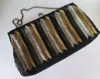 Vintage Gold, Silver, Black Liquid Beaded Evening Purse