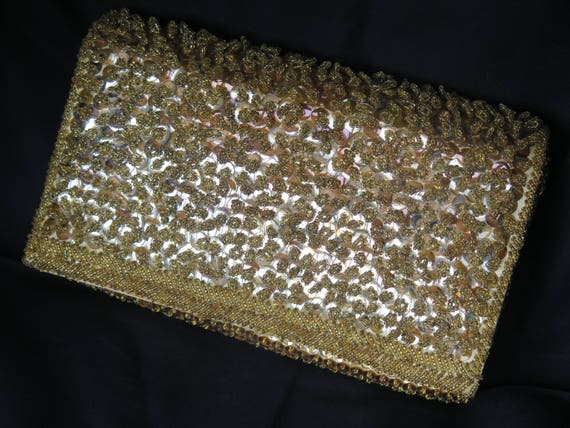 Vintage Gold beaded and sequined Clutch by Richer… - image 1