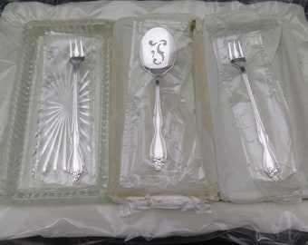 Wm A Rodgers Oblong Silver Tray and Tidbit cut glass trays with utensils
