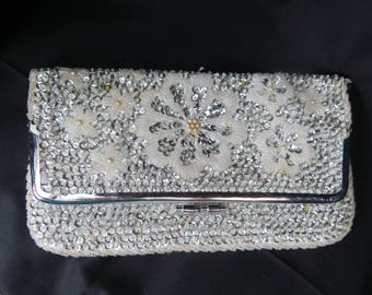 Vintage White & Silver Foldover Clutch Hong Kong