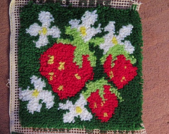 Hooked Strawberries and flowers for Pillow top or Framing