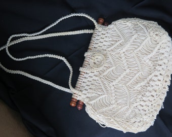 Vintage 60's Macramé Wood  Handle and Macramé Purse