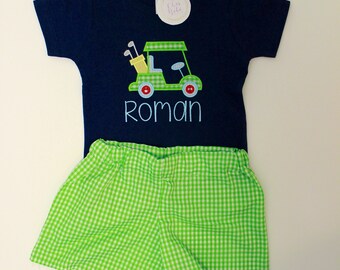 Boys Golf Cart Outfit, Embroidered Shirt, Gingham Shorts