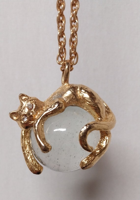 Vintage Set Cat Playing On Crystal Ball Necklace a