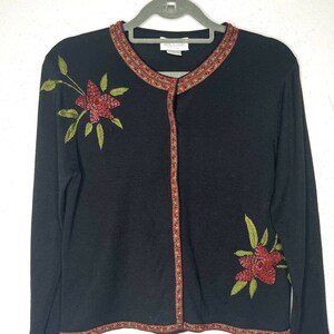 Silk Club Vintage Black Silk Cardigan Beaded Embroidered Holiday size PM